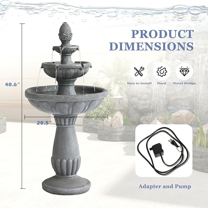 Grepatio Italian Outdoor Water Fountain, 3 Tiers Bubbler Garden Waterfalls Fountains, 40.6" H Tall Roman Pillar Floor Water Fountain for Indoor, Yard, Lawn and Garden Décor