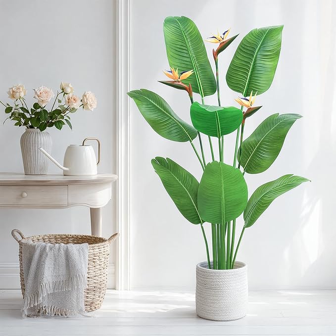 5FT Artificial Bird of Paradise Plant with Flowers, Tall Tropical Fake Plant Indoor, Large Artificial Plant for Living Room, Office Decor, Faux Floor Plant with Pot