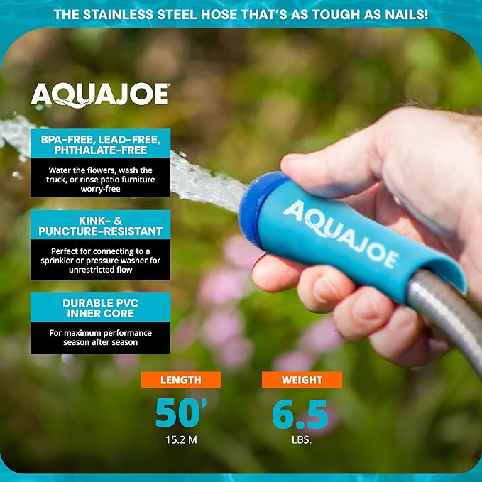 Aqua Joe AJSGH50 Stainless-Steel Garden Hose, Kink-Free Hose, 300 PSI Max, 50 Feet Long