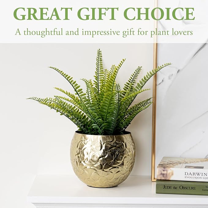 MyGift 5.5 inch Vintage Style Brass Tone Metal Embossed Ginkgo Leaf Design Planter Pot Bowl for Indoor Plants - Handcrafted in India