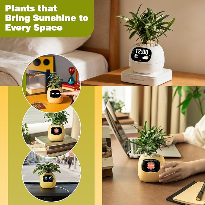 Smart Planter with App Control, Self-Watering AI Plant Pot with LCD Display, Interactive Desk Plant Companion for 100+ Plants, Smart Indoor Planter with Pomodoro Timer,80ml Reservoir,Calendar-Yellow