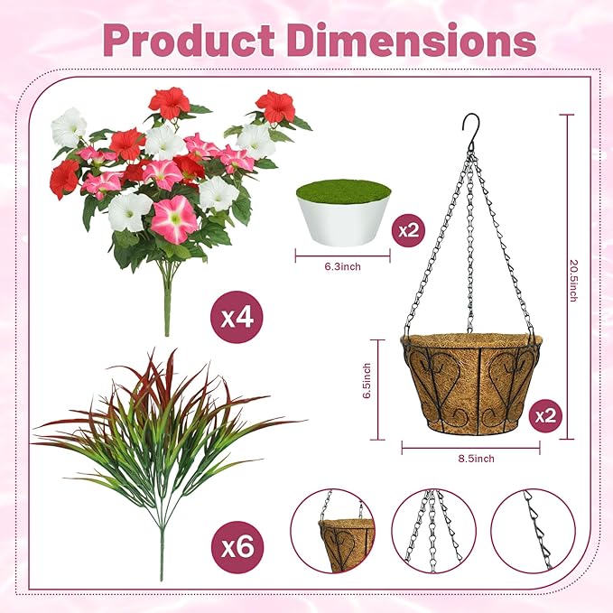 2 Pack Artificial Flowers Hanging Baskets for Outdoors, 10 PCS UV Resistant Faux Outdoor Plants, Fake Petunias Silk Flowers for Garden Balcony Yard Porch Decor (White Red Pink)