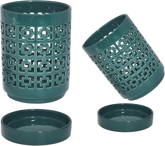 Orchid Pots with Holes 4 Inch, Ceramic Orchid Pot for Repotting with Saucers,Fang-Green 2Pack