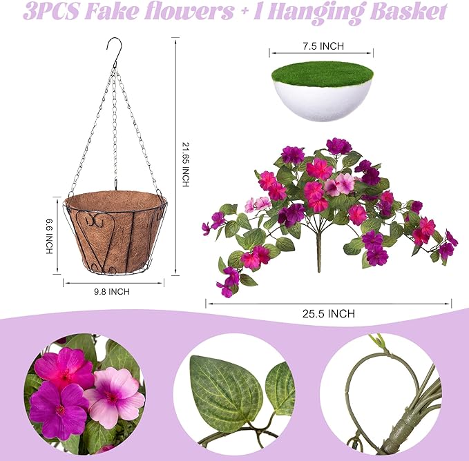 INXUGAO 3 Bundles Artificial Fake Flowers for Outdoors with Hanging Baskets Faux Hanging Flowers Plants for Outdoor Planters UV Resistant Silk Flowers for Outside Spring Home Front Porch Garden Décor