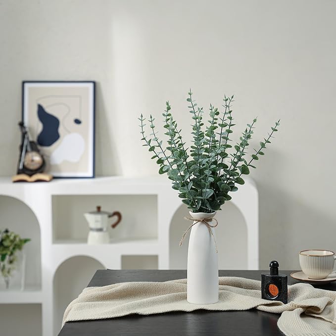 Vase with Greenery,20pcs Artificial Eucalyptus Stems in White Vase 2 Packs, Boho Home Decor Plant, 19" Decorative Fake Plants for Home Farmhouse Mantle Centerpiece Decor