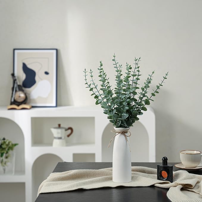 Vase with Greenery, 20pcs Artificial EucalyptusStems in White Vase, Boho Home Decor Plant, 19" Decorative Fake Plants for Home Farmhouse Mantle Centerpiece Decor