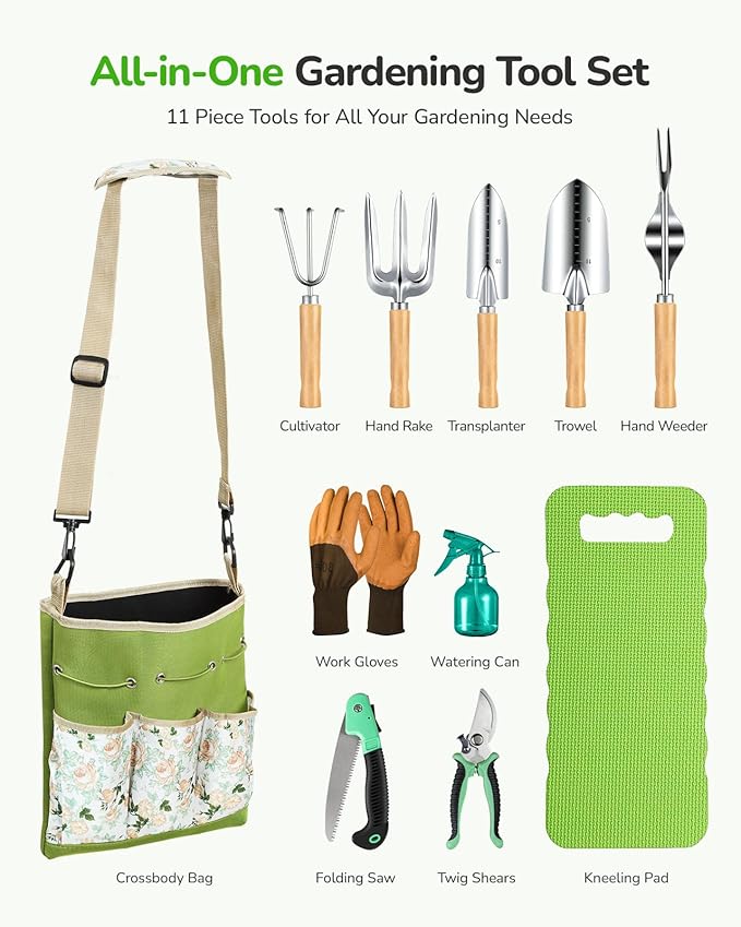 Grenebo All-in-One Garden Tool Set, 11-Piece Heavy Duty Gardening Tools with Ergonomic Canvas Shoulder Crossbody Bag, Rust-Proof Premium Garden Tool Kit, Gardening Gift for Women Men, Green, GR003