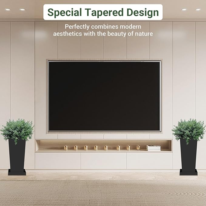 Metal Tall Planters 20 inch Set of 2, Durable Taper Planter with Drainage Holes & Rust-Proof Coating & Trays for Outdoor Indoor Garden Patio Front Door (Black)