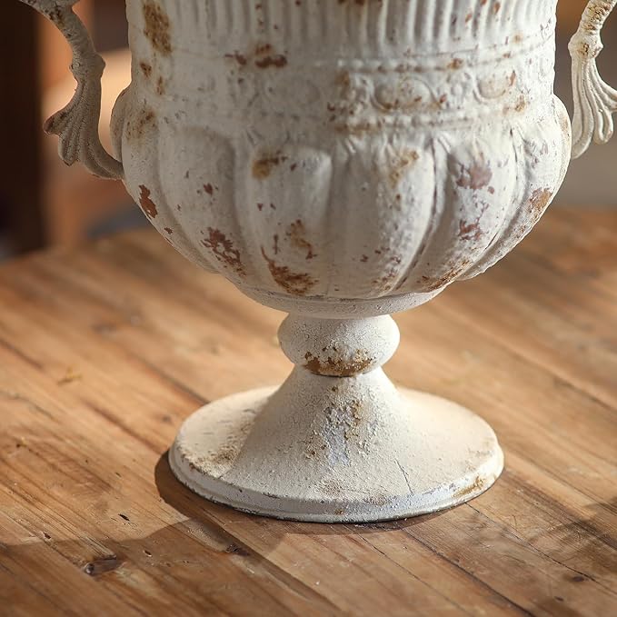 Balcony Vintage Style Distressed White Metal Indoor Outdoor and Garden Planter European Retro Rustic Shabby Chic Iron Flower Pot with Handle for Home Decor