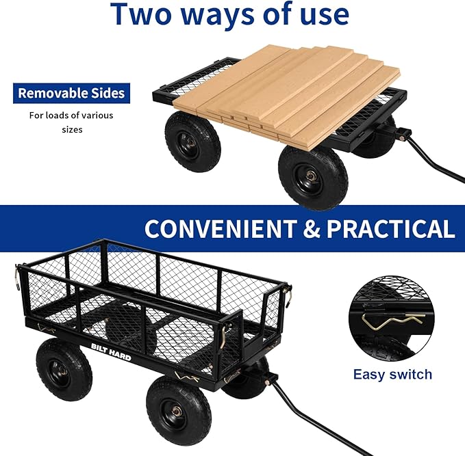 BILT HARD Heavy Duty 880 Lbs Capacity Mesh Steel Garden Cart, 4 Cu.Ft Heavy Duty Garden Cart with 180° Rotating Handle, Removable Sides, All Terrain Wheels, Capacity Utility Steel Wagons for Yard
