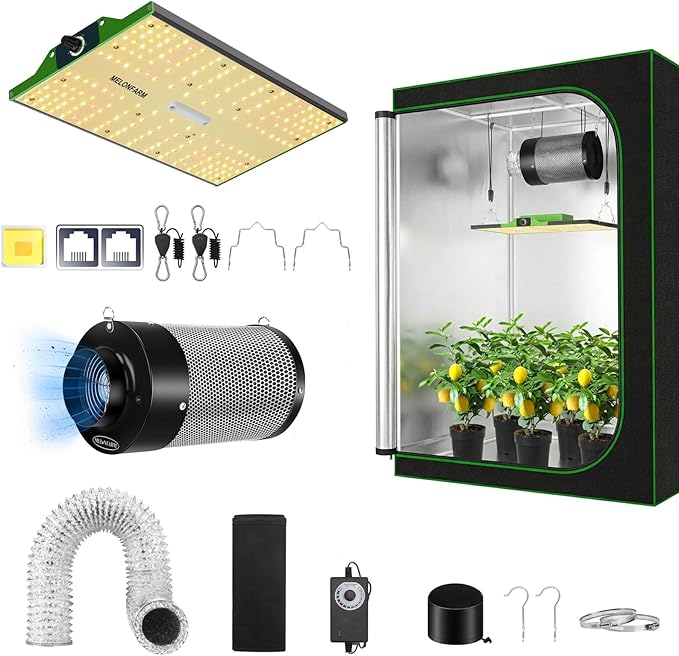 MELONFARM Grow Tent Complete Setup, 100W Full Spectrum LED Grow Light &48"x24"x60"Grow Tent Bundle, 4" Efficient Airflow Ventilation System with Soundproof Duct Connector