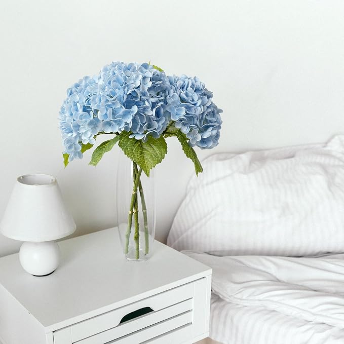 ZYTUYO 3 PCS Light Blue Artificial Hydrangea Fake Flowers 21'' Latex Lifelike Real Touch Large Bouquet Head with Long Stems Leaves for Centerpieces Party Home Wedding Silk Xmas Floral Decor