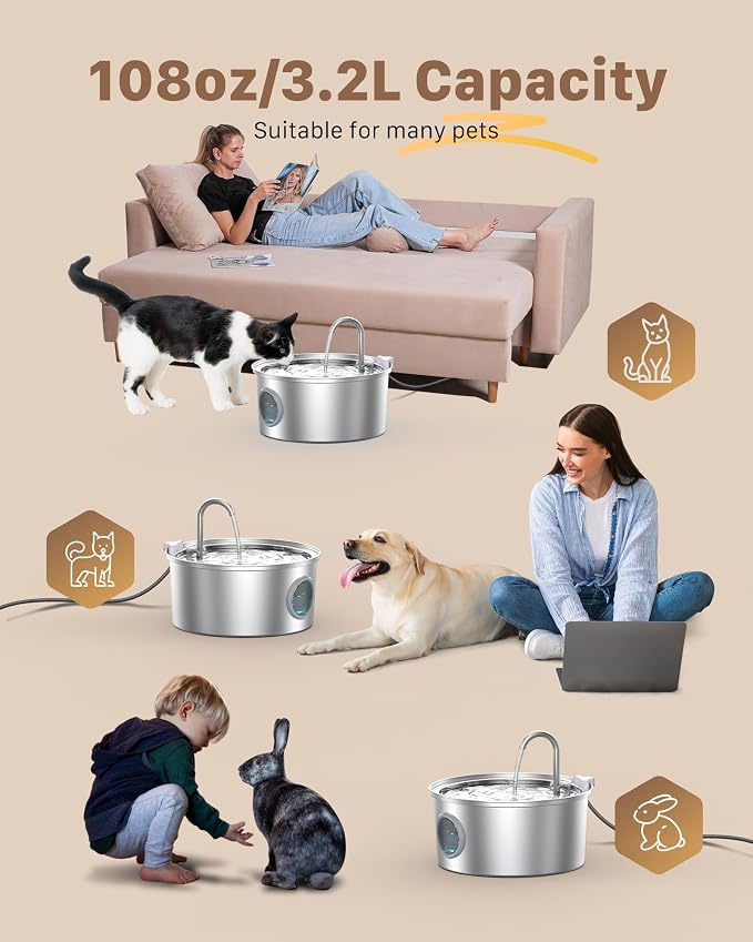 Cat Water Fountain Stainless Steel: Cat Fountain for Drinking - 108oz/3.2L Pet Water Fountain for Cats Indoor - Quiet Water Fountain for Cats - Faucet Pet Fountain - Contains 6 Filters + 3 Sponges
