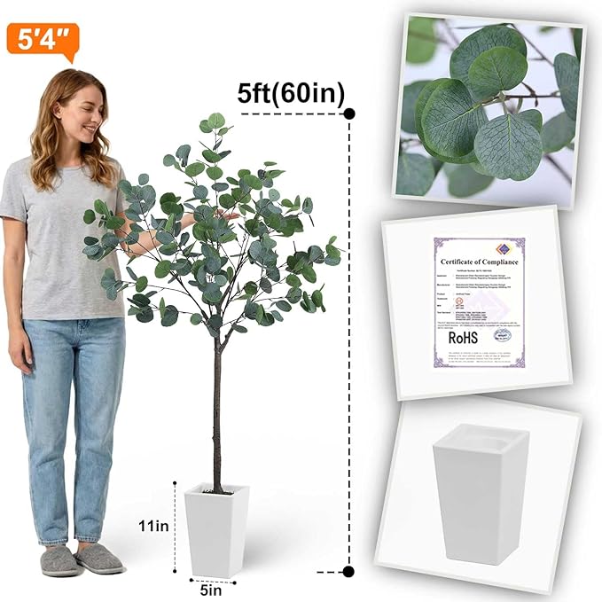 Aveyas 5ft Artificial Eucalyptus Tree for Home Decor, 5 Feet Large Faux Floor Plant Fake Silk Trees with Pot for Indoor Outdoor House Living Room Office (5 ft Tall Including Raised Pot)