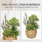 10" Large Succulents Plants Artificial in Wooden Pots, Potted Faux Succulent Arrangement with Woven Pots, Fake Desk Succulents Plants for Home Bathroom Shelf Table Indoor Decor