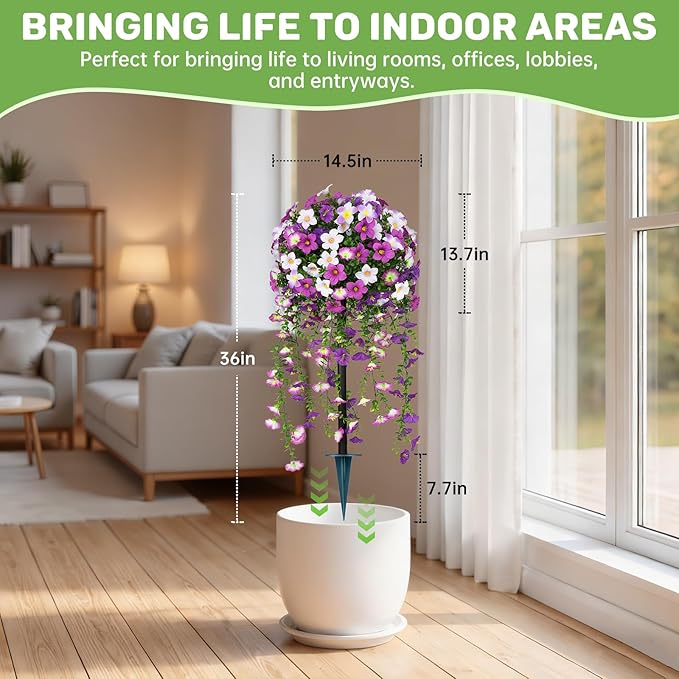 Grooy Artificial Plants Flowers Topiary Ball for Outdoor, 2 Pack Fake Purple Silk Morning Glory Plant Bushes, UV Resistant Realistic Plants Shurbs for Outside,Front Porch,Patio,Yard