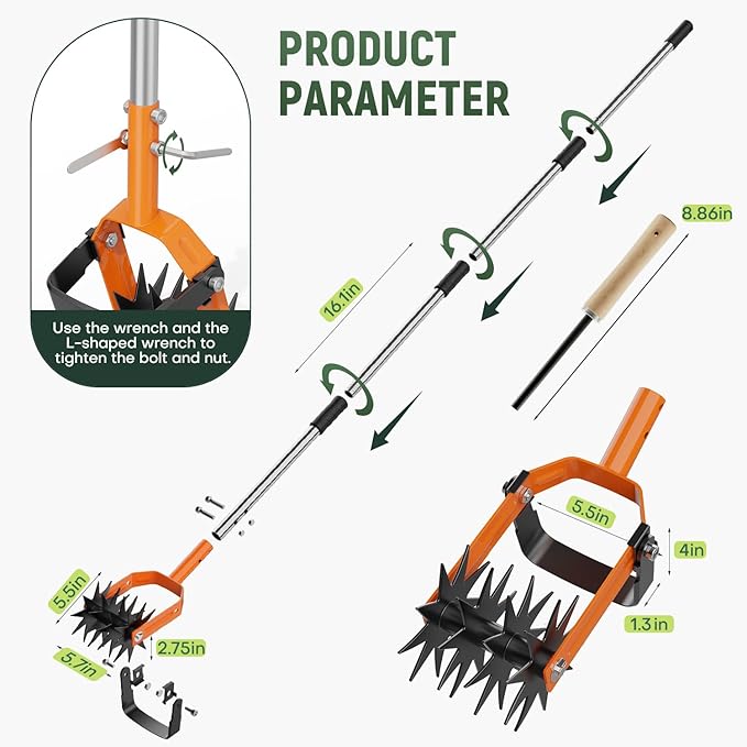 Rotary Cultivator Garden Tool, 2-in-1 Weeder & Soil Aerator with Detachable Weed Knife,73" Adjustable Stainless Handle, Dual-Function Rotary Tiller for Lawn Care, Reseed Grass, Soil Mixing