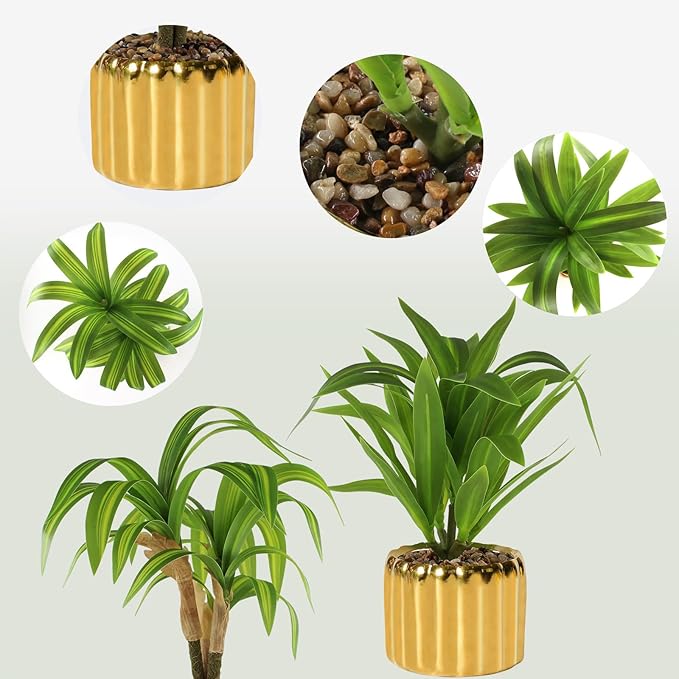 2 Pcs Artificial Dracaena Plant Golden Ceramic Pot Realistic Textured Faux Plants for Indoor Outdoor Fake Greenery Home Office Decor with Lifelike Foliage