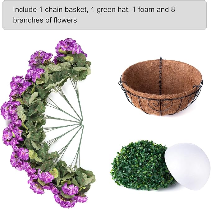 INSPRING Geraniums Artificial Flowers Hanging Basket for Outdoors Outside Spring Decoration, 8 Bundles Silk Flowers Fake Plants Look Real UV Resistant for Porch Home Patio Balcony Yard, Purple