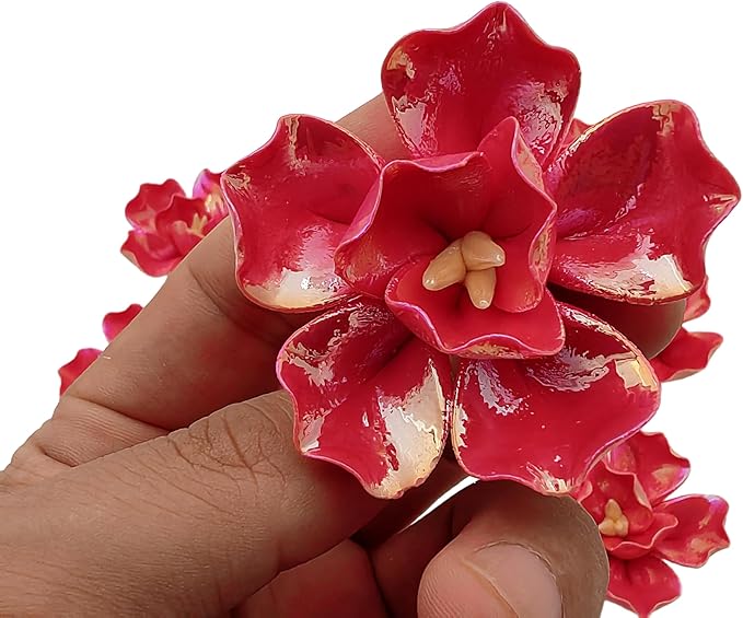 10 PCS 3D Flower Ceramic Tiles,1.6" Handmade Procelain Ceramic Flowers for Artwork,Fish Tank,Vases,Living Room, Dining Table,Office, Home Floral Decor (Double-Flowered Iridescent Red)