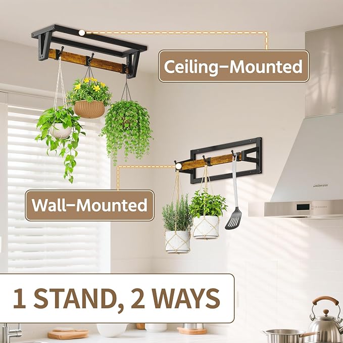 LASZOLA 2 Pcs Plant Hanger Indoor with 6 Heavy Duty Hanging Hooks, Metal and Wood Wall Mounted Plant Hanging Rod, Plant Shelves Holder Bar for Kitchen Window Ceiling (Pot/Chain/Plants not Included)