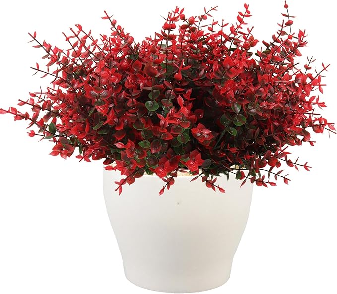 RECUTMS Fake Outdoor Flowers Artificial Spring Plants No Fade Faux Plants Plastic Greenery Fake Eucalyptus Faux boxwoods for Outdoor Planters Kitchen Office Wedding Home Garden Decoration(Red)