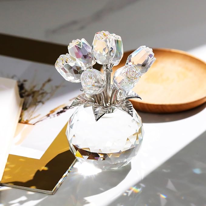 YWHL Handmade Crystal Clear Rose Flower Figurine with Round Vase, Romantic Rose Gifts for Women on Anniversary Birthday Christmas, Glass Rose for Mom Wife Grandma, Wedding Home Decorations
