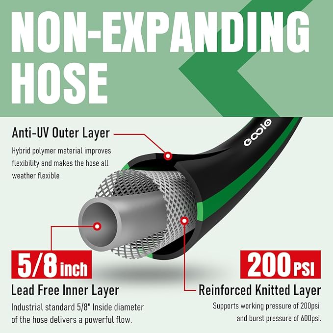 Heavy Duty Garden Hose 75 ft, NON-EXPANDABLE Water Hose with 10 Function Spray Nozzle, Lightweight Kink-less Hybrid Hose with Swivel Handle, Male to Female Fittings