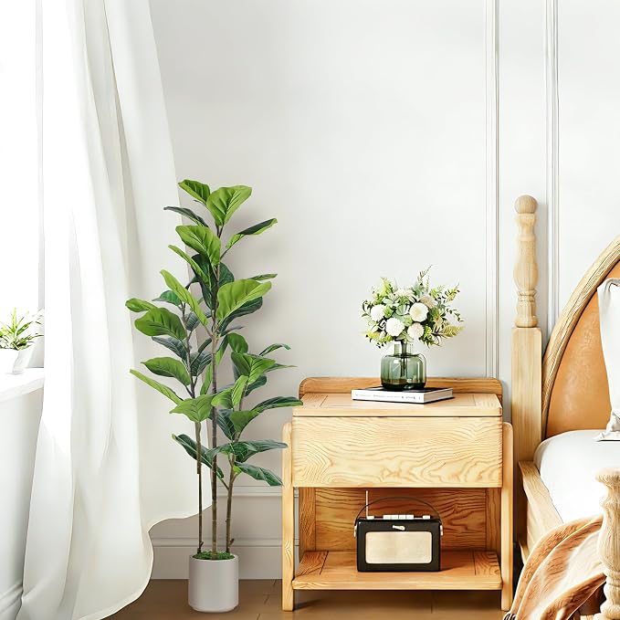 Alupssuc 5FT Artificial Fiddle Leaf Fig Tree with White Planter Pot, 5 feet Tall Fake Tree for Home Decor, Faux Ficus Tree Fake Moss for Indoor Outdoor Office Living Room