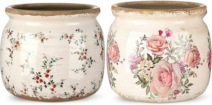 2 Pcs Vintage Planter Ceramic Plants Pot with Drainage Ice Crack Scroll Flower Vase Pot for Indoor Outdoor Plants Home Kitchen Decor Gifts(Farmhouse Rose,5.9")