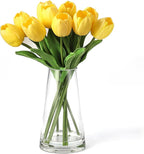 10 Pcs Artificial Tulips Flowers with Vase, Real Touch Faux Tulip Stems for Vase, Home Kitchen Wedding Dining Table Decorations, Ideal Gift for Mother's Day, Easter, Valentine's Day (Yellow)