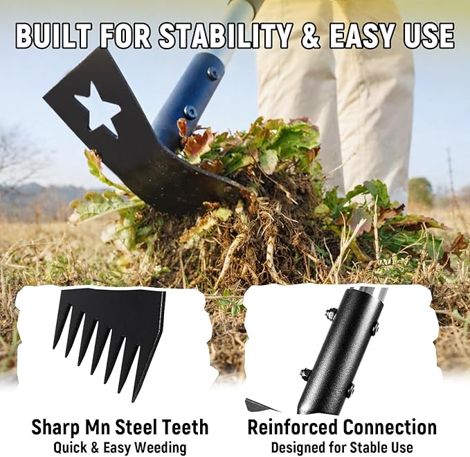 Weed Puller Tool with Long Handle 68", 2-in-1 Manual Weeds Remover, Heavy Duty Weed Rake and Garden Hoe Combo, Stand Up Weeder Uprooting Weeding Pull Tool for Garden Yard Lawn Patio