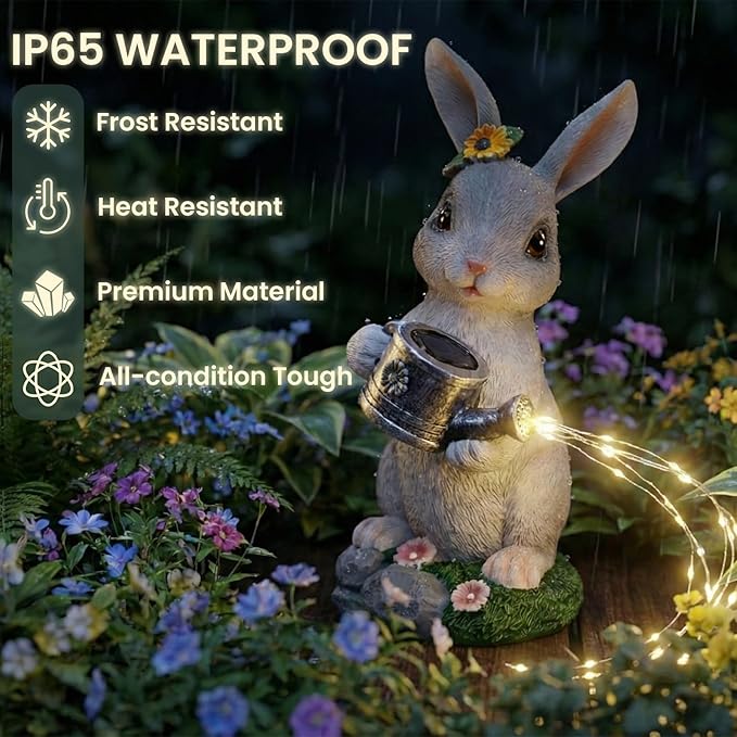 Solar Rabbit Garden Statues Outdoor Decor, Resin Rabbit Figurine Decorations with Solar Light, Whimsical Bunny Sculpture for Garden Patio, Balcony, Yard, Lawn Ornament