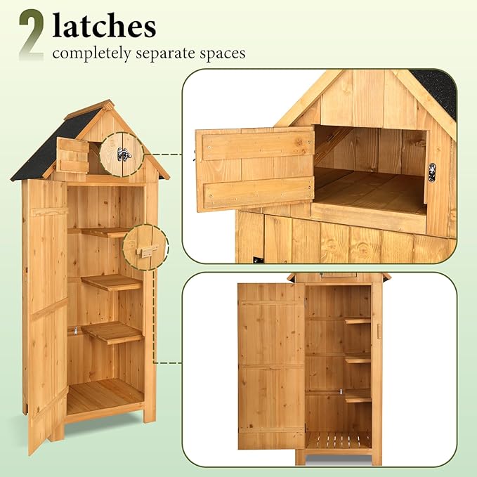 VINGLI Outdoor Wooden Storage Shed, Garden Shed Outside Tool Cabinet with Safety Latch, Patio Storage Organizer