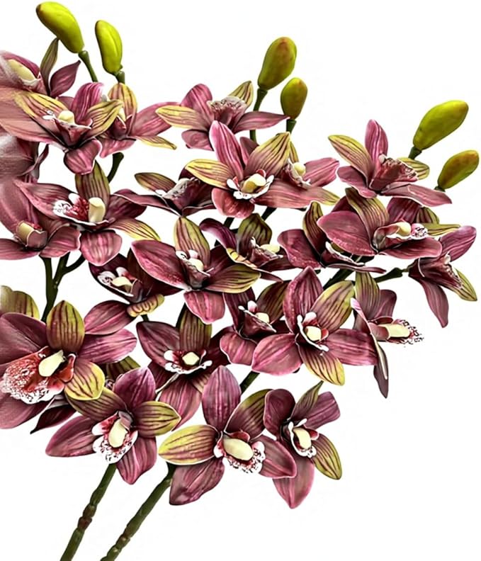 4pcs Artificial Cymbidium Orchid Flower Plant 3D Print Vanda 10 Heads Latex Phalaenopsis Flower (Yellow red)