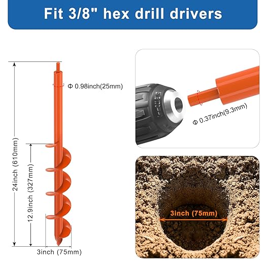 Garden Planting Plants Auger Drill Bit 3 X 24 inch Drill Augers for Digging Holes Bulb Planting Post Hole Digger Fit 3/8" Hex Drill Bulb Planter Tool for Beach Umbrella, Mailbox Posts, Fence Post