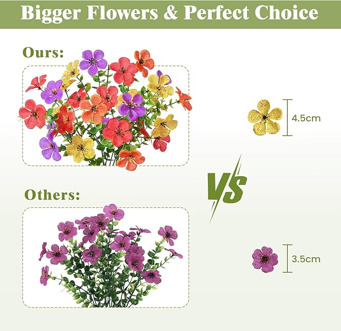Alupssuc 20 Bundles Artificial Flowers for Outdoor Indoor Decoration, UV Resistant No Fade Fake Plants Eucalyptus, Colorful Faux Spring Flowers for Outside Yard Porch Patio Garden Home Window Box
