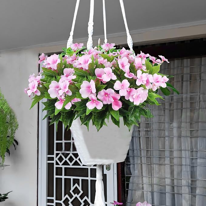 CITYES 4 Pcs Artificial Flowers Outdoor Impatiens UV Resistant Silk Impatiens Flowers Pink Faux Flowers Impatiens Bushes Artificial Impatiens for Pot Patio Lawn Garden Hanging Basket Porch Decor