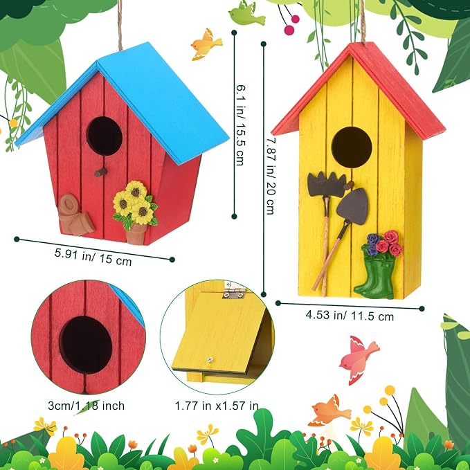 DoubleFill 2 Pcs Birdhouses for Outdoor Hanging Yard Outside Wooden Birdhouse Hand Painted Bird Box for Bird Lovers Bluebird Tree Garden Decor Decorative Birdhouse(Red,Yellow,Wooden Roof)