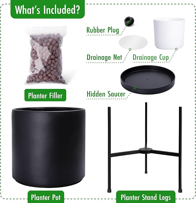 D'vine Dev Mid Century Plants Pot Cylinder Planter with Heavy Duty Stand, XX-Large 16 Inch Pot, 22.8 Inch with Stand Height, Black, 96-T-B-5