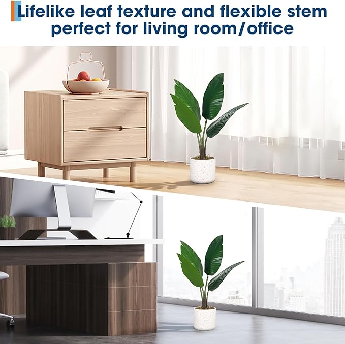 Garvee Set of 2 Realistic Artificial Fiddle Leaf Fig Trees – Decorative Faux Greenery for Home or Office – White Marble Pots – Mini Traveler's Banana – 50cm – Two