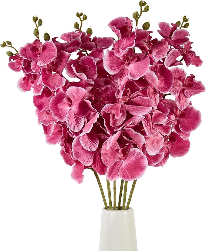 6 PCS Artificial Orchid Stems 33.5" Tall 9 Large Petals Fake Fuchsia Phalaenopsis Flower Arrangements for Home Wedding Living Room Table Centerpiece Office Table Decor Fuchsia