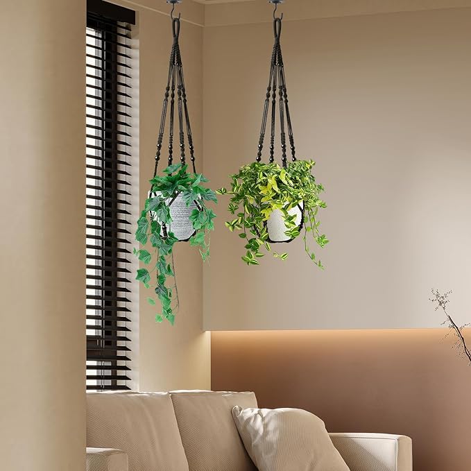 LEWESU Macrame Plant Hanger Indoor Set of 4 with 8 Hooks, Indoor Outdoor Hanging Planter for Plants Holder with Decorative Wood Beads & No Tassels, Boho Home Decor, 35 Inch Black (Pots Not Included)