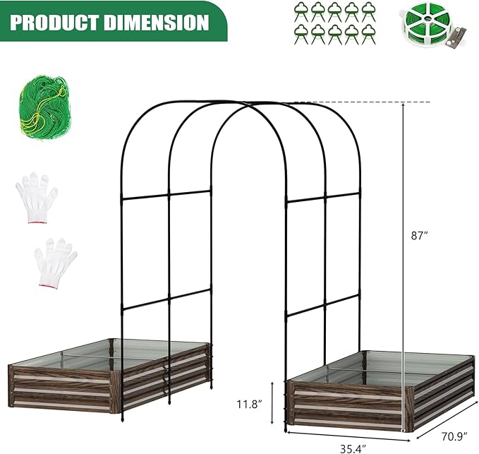 SUNYRISY Galvanized Raised Garden Bed with 87" H Arch Trellis for Climbing Plants Outdoor, Large Metal Planter Box with Netting for Gardening Flowers Vegetables Fruit, Wood Grain