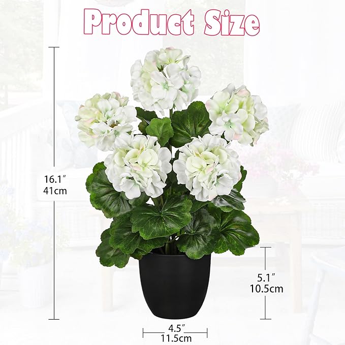 Briful 16” Geraniums Artificial Flowers Realistic Potted Plant – White Fake Geraniums for Outdoors, Silk Flowers Artificial Outdoor Plants for Indoor Home Decor, Farmhouse Table Centerpiece Decoration