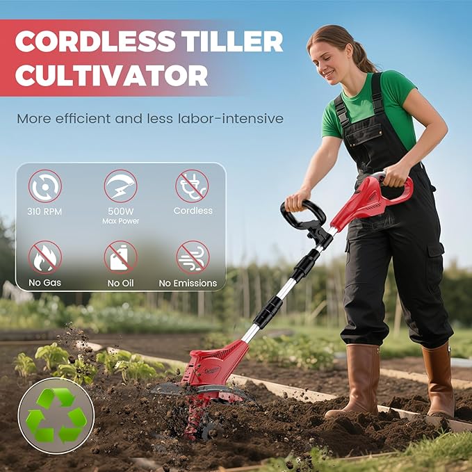 Battery Powered Tiller Compatible with Milwaukee 18V Battery(Tool Only), 310RPM Folding Electric Rototiller Features 40 Steel Tines, 9.1In Tilling Width & 6.3In Depth Tiller