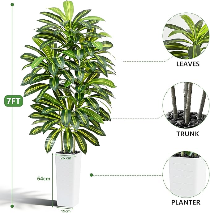 Artificial Dracaena Tree - 7FT Tall Fake Plants with White Tall Planter - Artificial Plants Indoor Floor Plant in Pot - Large Tropical Fake Yucca Potted Tree for Home Office Living Room Decor