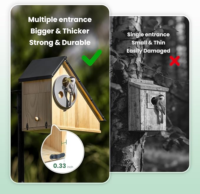 Bird House - Adjustable Entrance Fit All Birds, Outdoor Bird Houses for Outside Weatherproof, Durable Wood Birdhouse for Bluebird, Finche, Wren, Chickadee, an Ideal Backyard Decoration (Iron Roof)