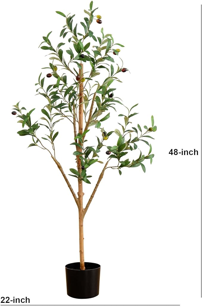 Nearly Natural Olive Tree Artificial Indoor 4FT Tall Silk Faux Olive Tree for Home and Office Decor, Fake Potted Olive Tree with Natural Wood Trunk, Realistic Olive Tree Branches and Lifelike Fruits