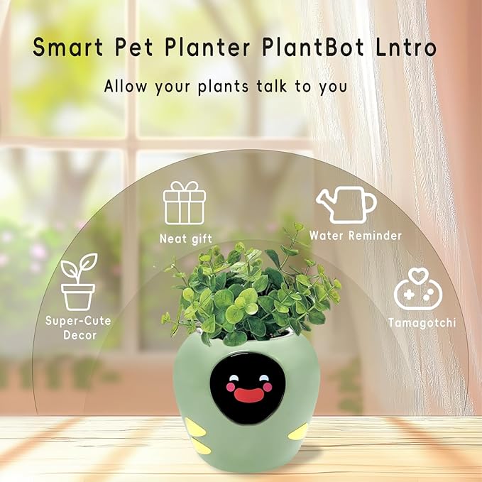 Smart Plant Pot with Expression, AI Intelligent Flower Pot for Indoor Decoration, Smart Garden Pot with Water/Light/Temperature Sensors, Ivy AI Planter (Green（Big）)